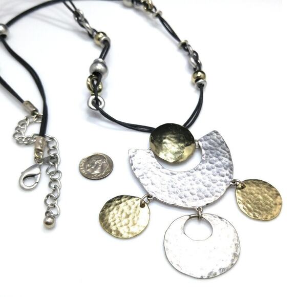 Chico's Long Gold Silver Hammered Pendant Necklace, Black Leather Cords, 35 Inch - Picture 6 of 11